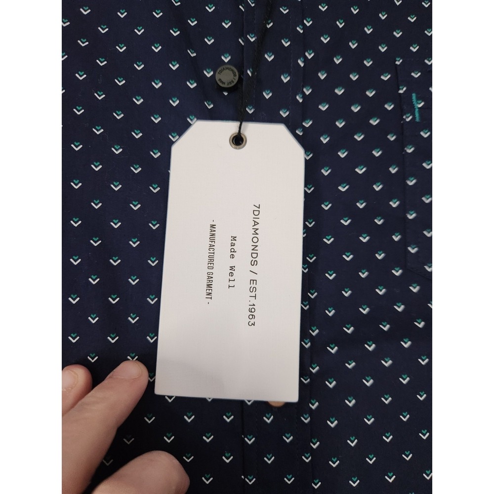 7 Diamonds Shirt Men L Navy Blue Short Sleeve Button Up All Over Print Made Well - Picture 7 of 11